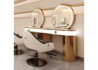Golden Salon Station with Mirror (Round LED Light)(Ovel Stone Top)
