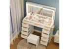 Pamapic Glass Top Vanity Desk with Mirror and Lights, 11 Drawers Makeup Vanity with Charging Station