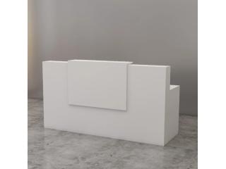 Opal Reception Desk – L-Shaped Vintage Santa Fe Oak & White Levent Marble