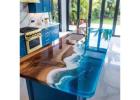 Ocean Live Edge Resin Kitchen Island | Handmade Wood & Blue Epoxy Island Countertop 