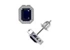 Affordable Blue Sapphire Emerald Cut Gemstone Earrings with Diamonds