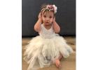 Boho White Lace Baby Flower Girl Dress, Tulle Wedding Gown for Infant Girl