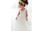 White Boho Flower Girl Dress with Tulle, Rustic Wedding Girl Dress, Bohemian Junior Bridesmaid Dress