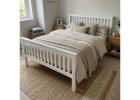 Wooden Double Bed Frame, Slatted Headboard and Base, White or Grey
