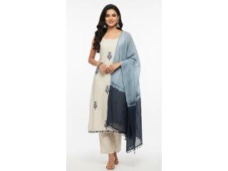 Cream & Blue Embroidered Cotton Suit Set – Value Buy Rs. 1,599