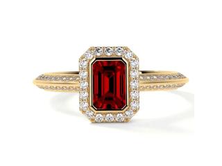 Lab Made Ruby Rings – Bezel Set Emerald Cut Ruby Ring with Diamond Halo Deal