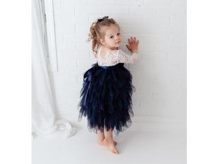Boho Navy Blue Flower Girl Dress, White Lace Long Sleeve Tulle Dress for Toddlers