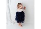 Boho Navy Blue Flower Girl Dress, White Lace Long Sleeve Tulle Dress for Toddlers