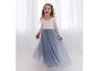 Dusty Blue Long Sleeve Flower Girl Dress, White Lace Boho Wedding Dress for Girls
