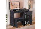 Compact Flip-Up Mirror Dressing Table with Stool