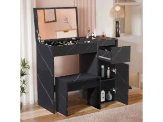 Compact Flip-Up Mirror Dressing Table with Stool