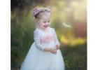 Boho Lace Flower Girl Dress, Long Sleeve Ivory Tulle Wedding Dress for Girls