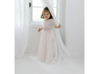 Ivory Tulle Two-Piece Flower Girl Dress, High Waist Tutu Skirt with White Lace Crochet Top