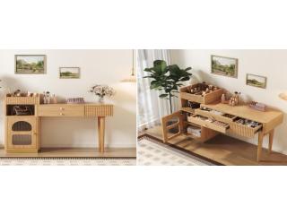 Modern Makeup Vanity Desk with Drawers, Cabinet & Open Storage Shelves