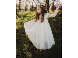 Tyra Ivory Flower Girl Dress, Boho Lace and Tulle Wedding Gown, Christening Baptism Toddler Dress