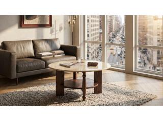 Round Faux Marble Coffee Table with 2-Tier Storage & Solid Wood Base | Mid-Century Modern