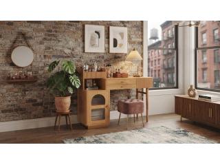 Modern Makeup Vanity Desk with Open Shelves, Drawers & Cabinet | Versatile Dressing Table