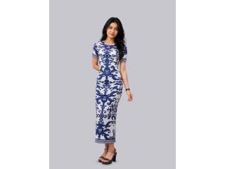 Women’s Blue & White Abstract Print Bodycon Midi Dress