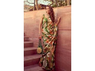 Green Pure Organza Silk Saree with Digital Floral Prints | Chinaya Banaras