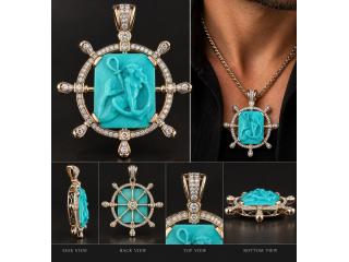 Arizona Turquoise Hand Carved in Italy, 18K Gold & Diamonds Pendant