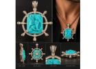 Arizona Turquoise Hand Carved in Italy, 18K Gold & Diamonds Pendant